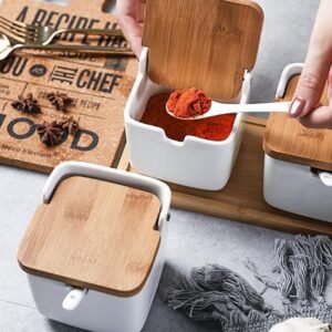 Porta Condimentos Temperos Saleiro Quadrado Em Porcelana Com Tampa De Bambu