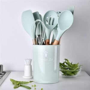 kit 12 Utensilios De Cozinha Silicone Cabo Madeira